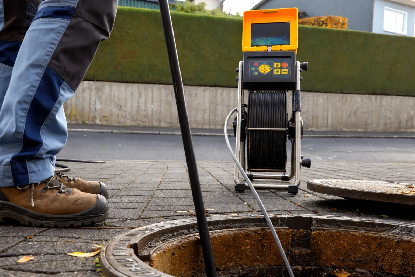 Drain inspection equipment being used at a manhole in Bury